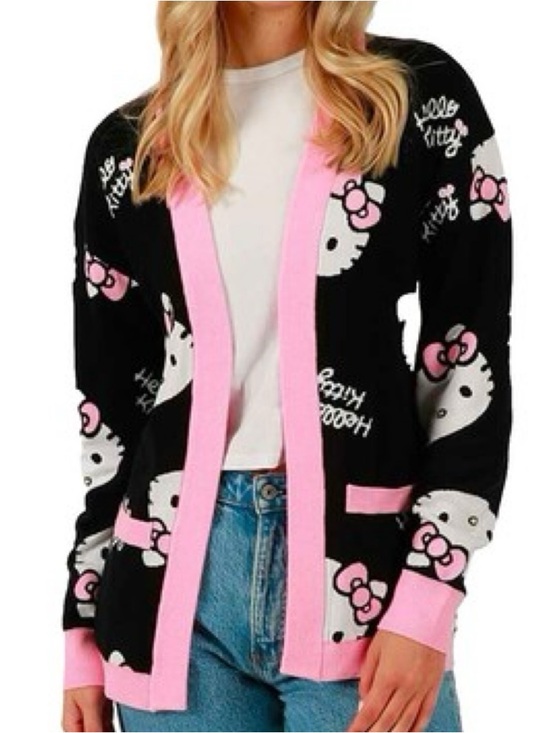 Hello Kitty Sweaters - Hello Kitty Black & Pink Relaxed Fit Cardigan Jacket